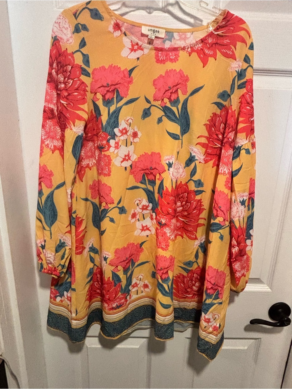Umgee Floral Tunic Dress in Mustard Yellow and Coral